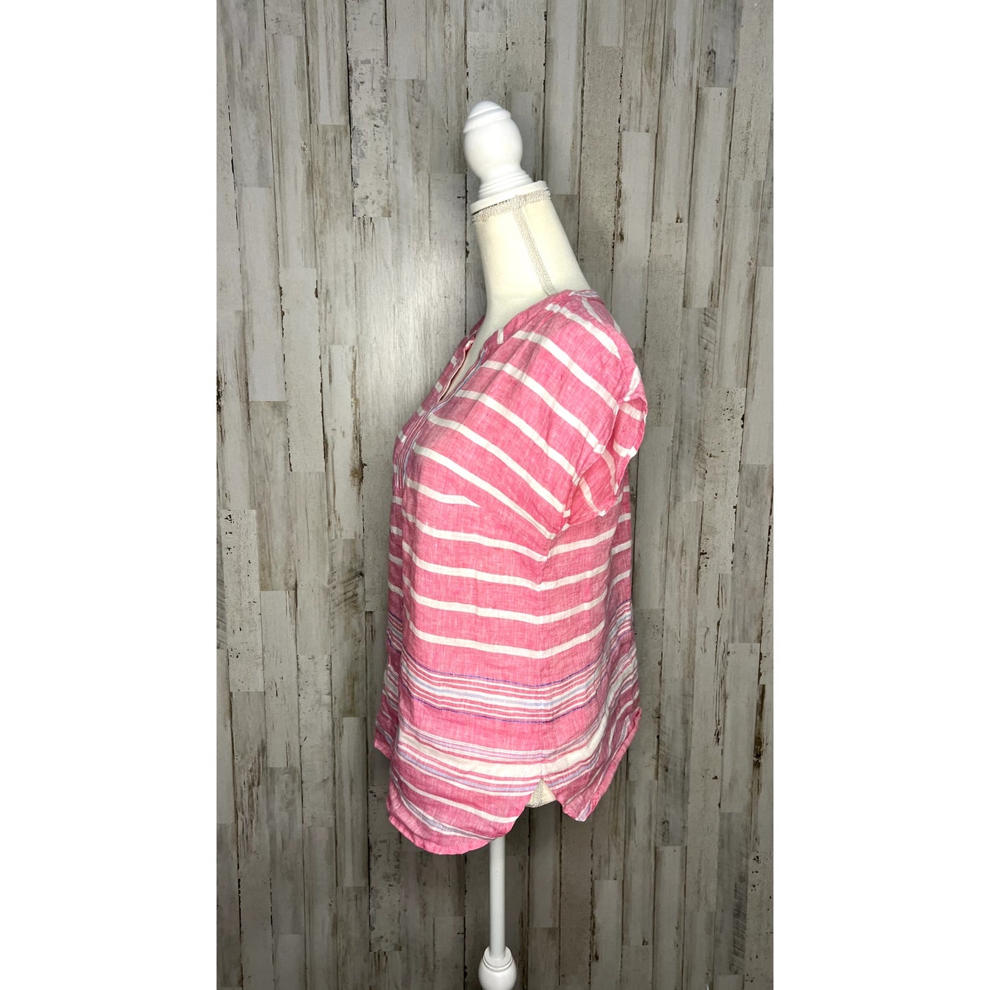 Talbots Women's Petite Pink Striped Linen Blouse Short Sleeve Top Small