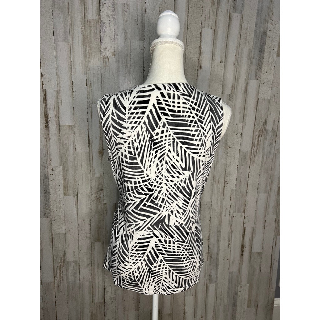 Talbots Women's Medium Black & White Leaf Print V-Neck Sleeveless Tank Top