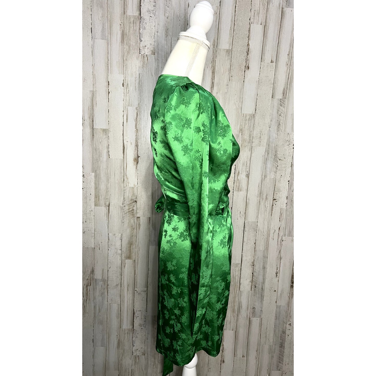 Zara Women's Green Satin Kimono Wrap Midi Dress Size Small Party Cocktail