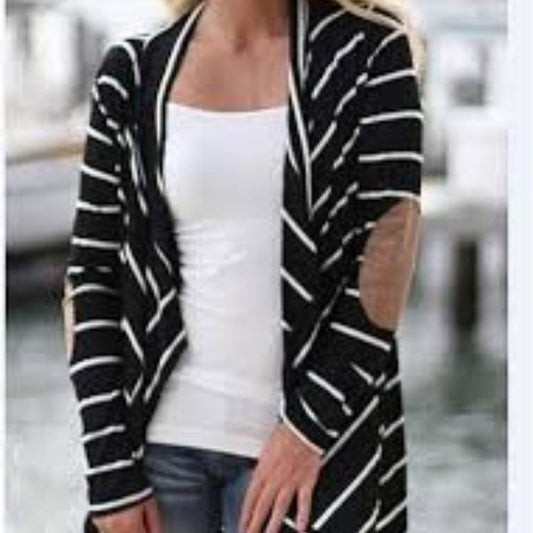 12PM by Mon Ami Black White Open Front Striped Rayon Cardigan Long Sleeve Size M