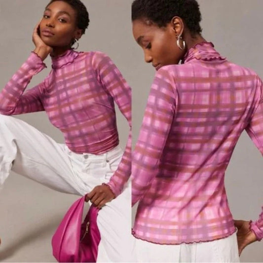 NWT Pilcro Women's Pink Plaid Mesh Turtleneck Top Petites Medium Long Sleeve