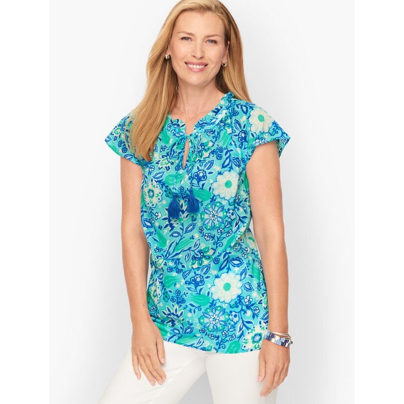 Talbots Womens Small Cap Sleeve Floral Blouse Blue/Green Print Casual Spring Top