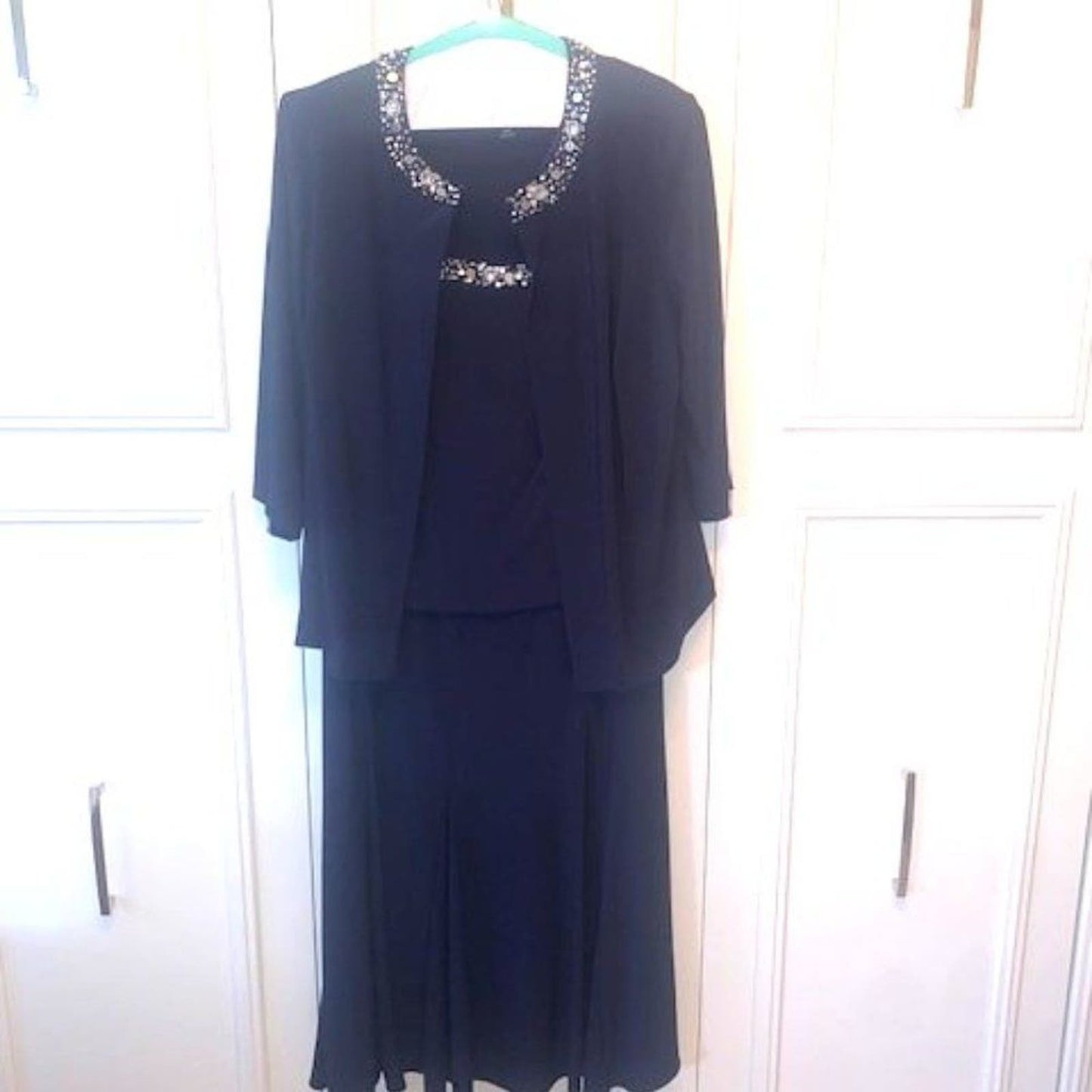 Navy Matte Jersey Jacket Dress with Sequin Beaded Trim 18W