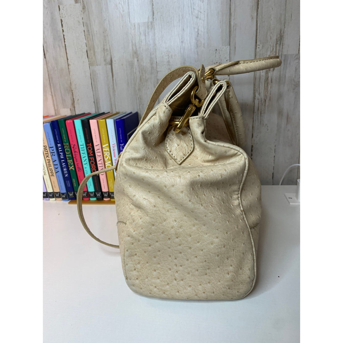 Marc by Marc Jacobs Cream Ostrich Embossed Satchel Bag Gold Hardware Leather Crossbody