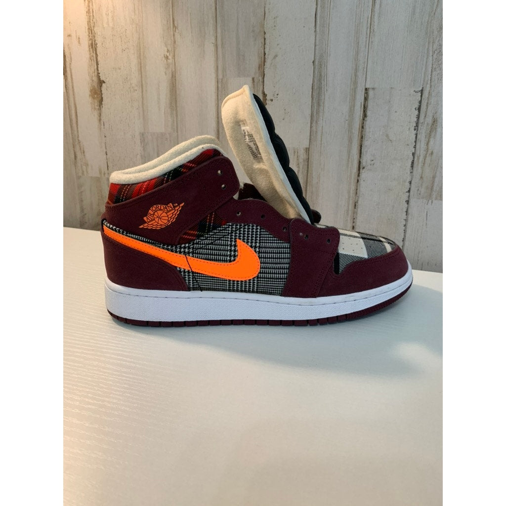 Nike Air Jordan 1 Mid SE GS Plaid Maroon Size 6.5Y No Laces