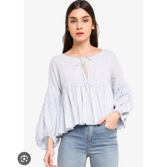 Free People Beaumont Mews Blue White Striped Peasant Top Crop Blouse Size Small