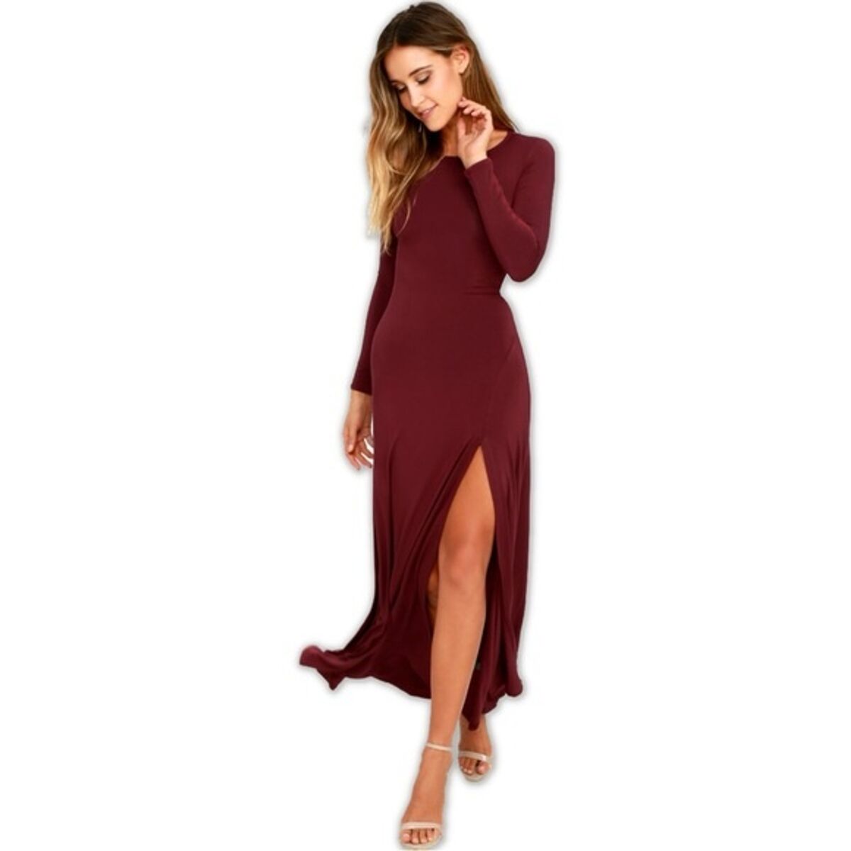 Lulus Women's Small Burgundy Maxi Dress Long Sleeve Party Slit