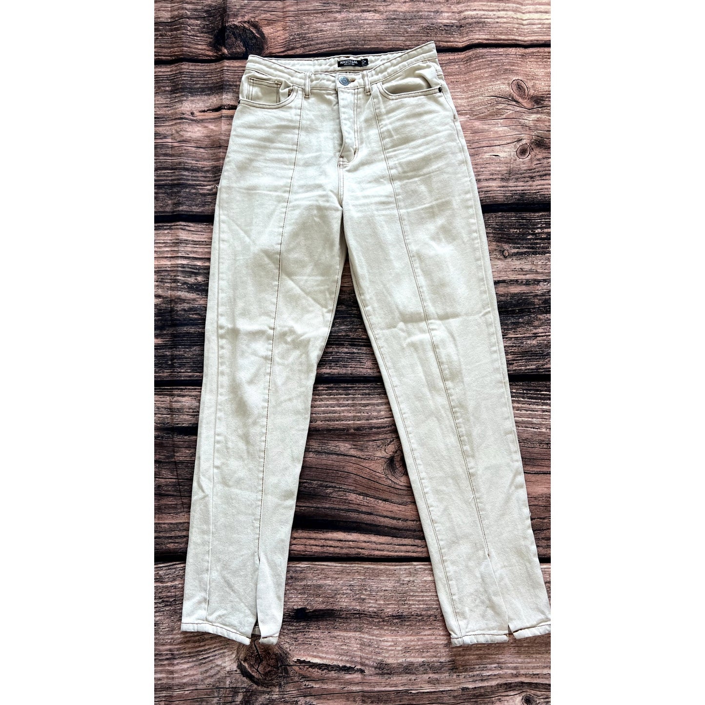 Nasty Gal Women's High Waisted Beige Straight Jeans Size 4 Seam Detail