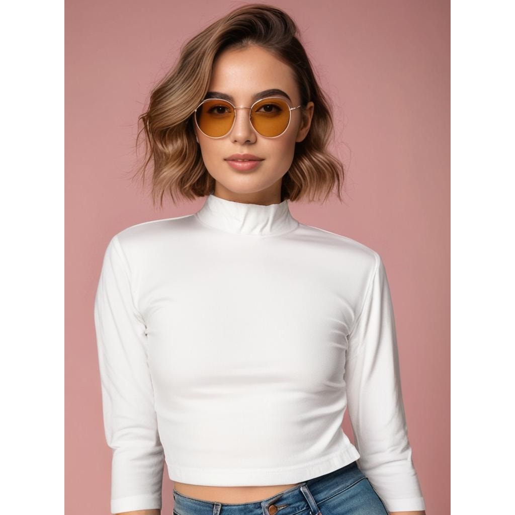 Brandy Melville Women's White Mock Neck 3/4 Sleeve Ribbed Crop Top One Size