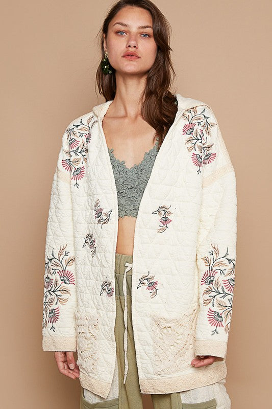 POL Embroidered Open Front Quilted Jacket with Crochet Pockets