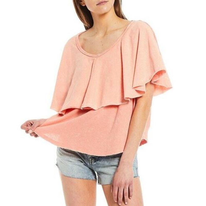 Free People Women's Medium Girl Talk Ruffle Linen Blend Top Sunny Peach Blouse