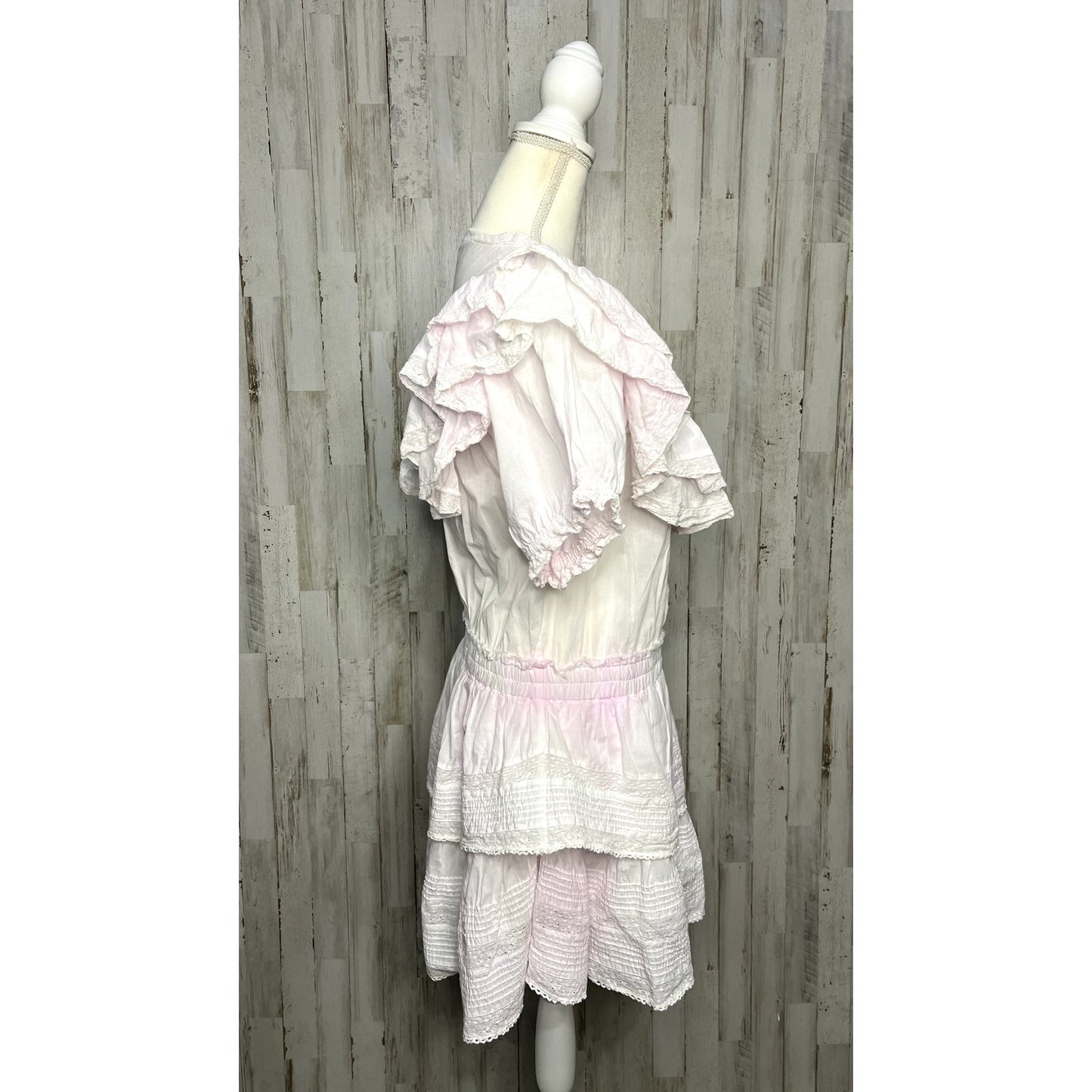 LoveShackFancy Women's XL Pink Eyelet Ruffle Mini Dress