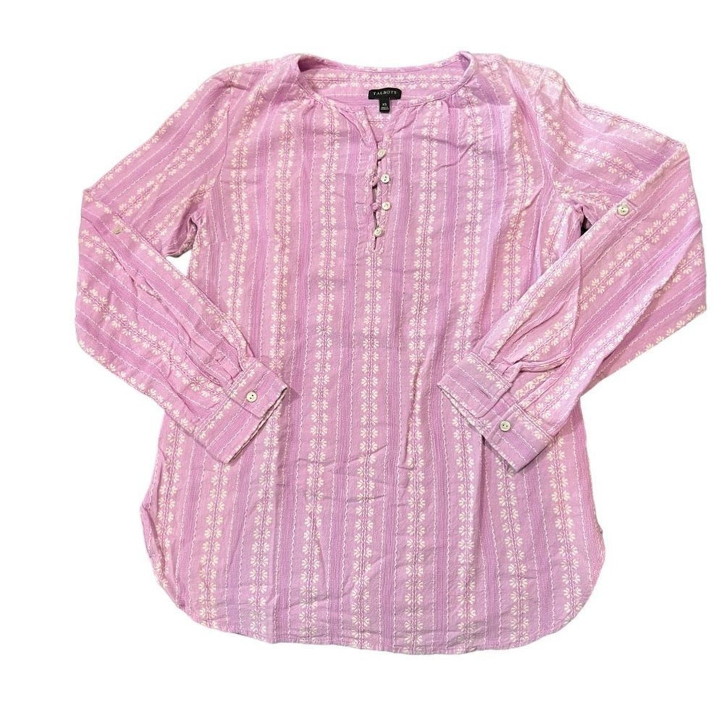 Talbots Tunic Blouse Womens XS Pink Lavender Floral Embroidered Long