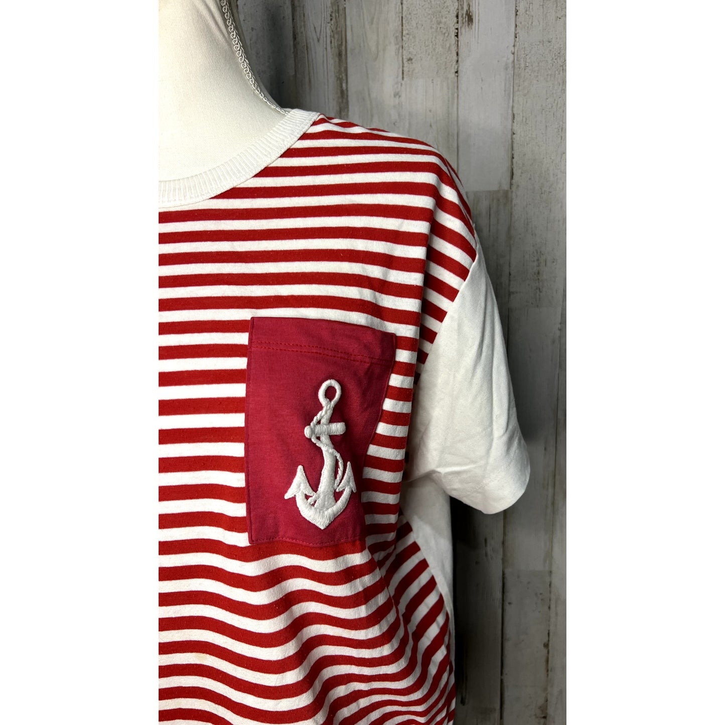 Vintage 80s Shadowline Women's Medium Red/White Nautical Striped Anchor T-Shirt