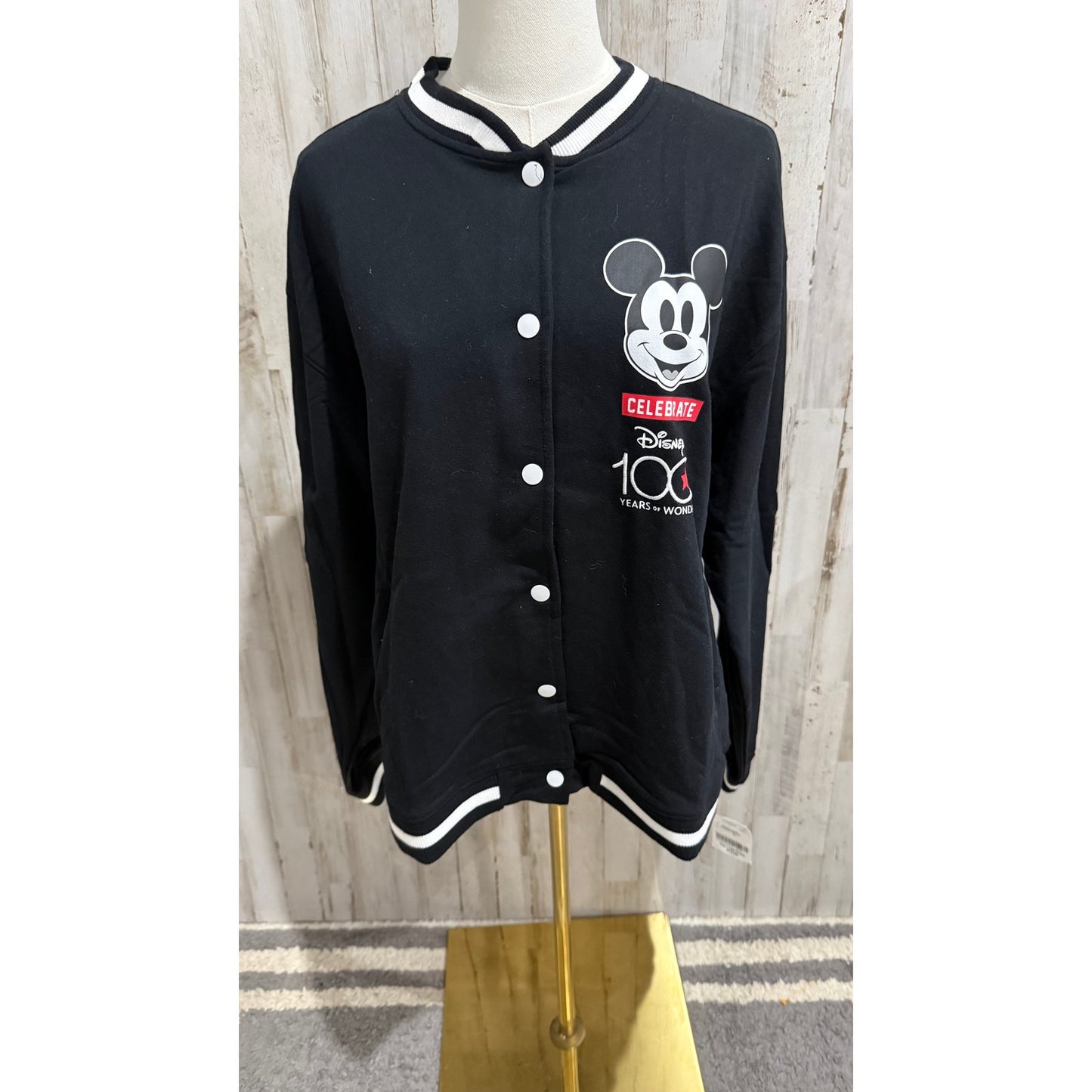 NWT Disney Mickey Mouse Bomber Jacket Juniors XL Black 100 Years of Wonder