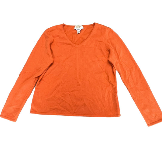 Talbots Petites Womens Large Orange Cashmere V-Neck Long Sleeve Pullover Sweater