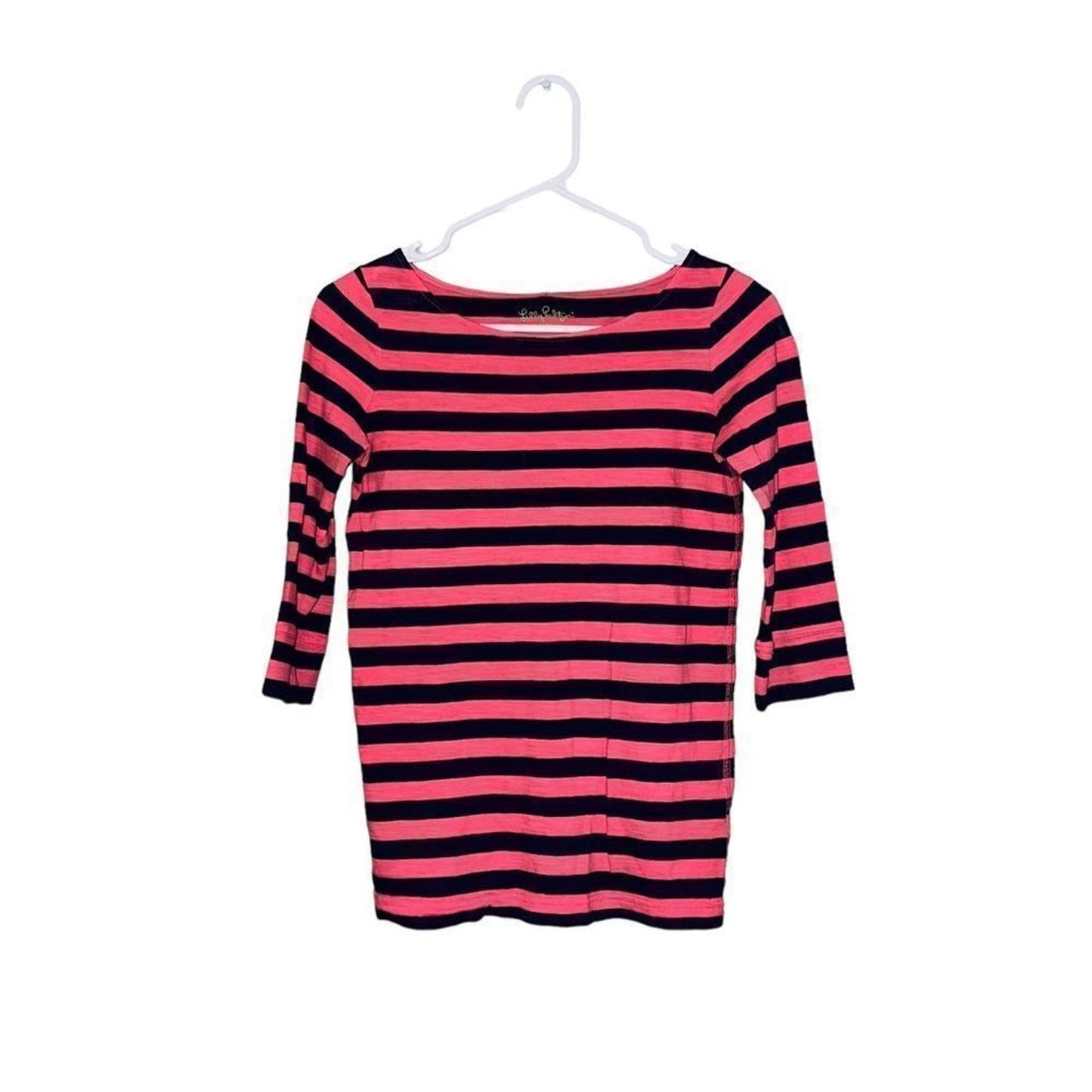 Lilly Pulitzer Top Womens XS Pink Navy Striped Boat Neck 3/4 Sleeve