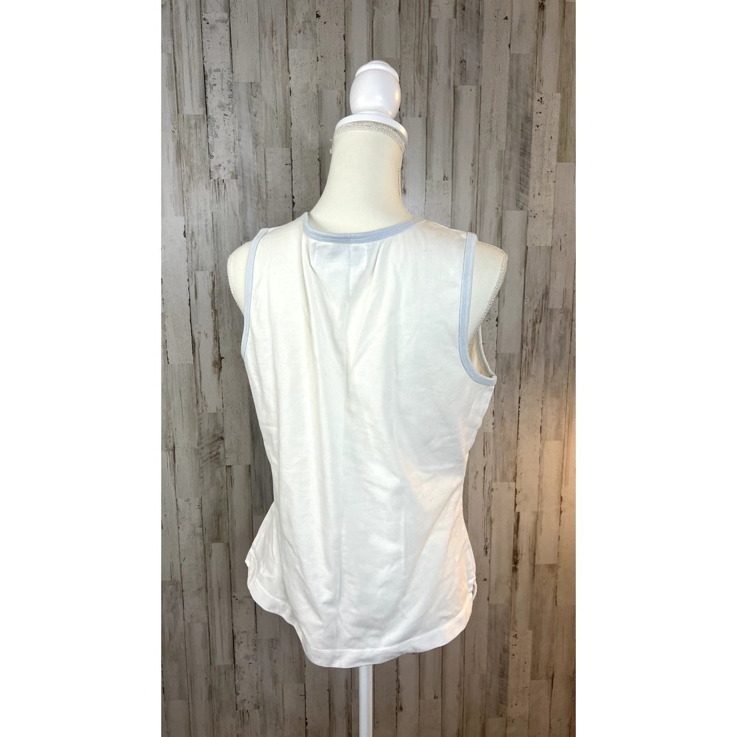 Norton Studios Women's Large Sleeveless Round Neck Solid White Blue Trim Blouse