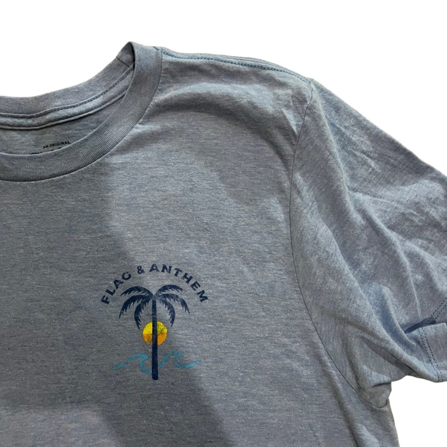 Flag & Anthem Men's T-Shirt Medium Light Blue Graphic Tee Short Sleeve Palm Tree