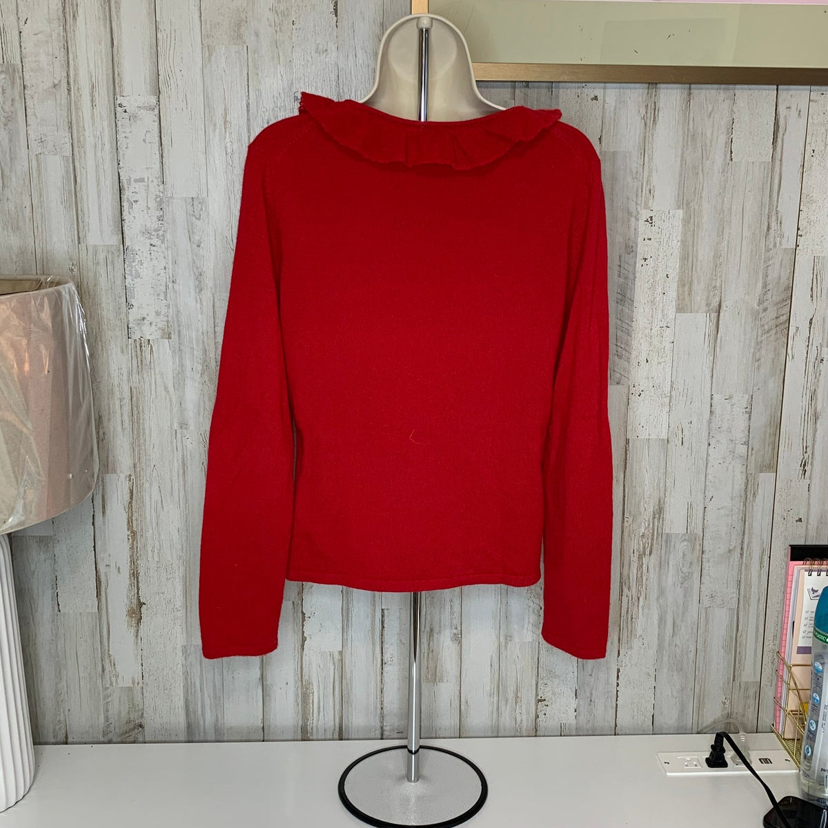 Prive Cashmere Sweater Womens Size M Red Ruffle Trim V-Neck Pullover