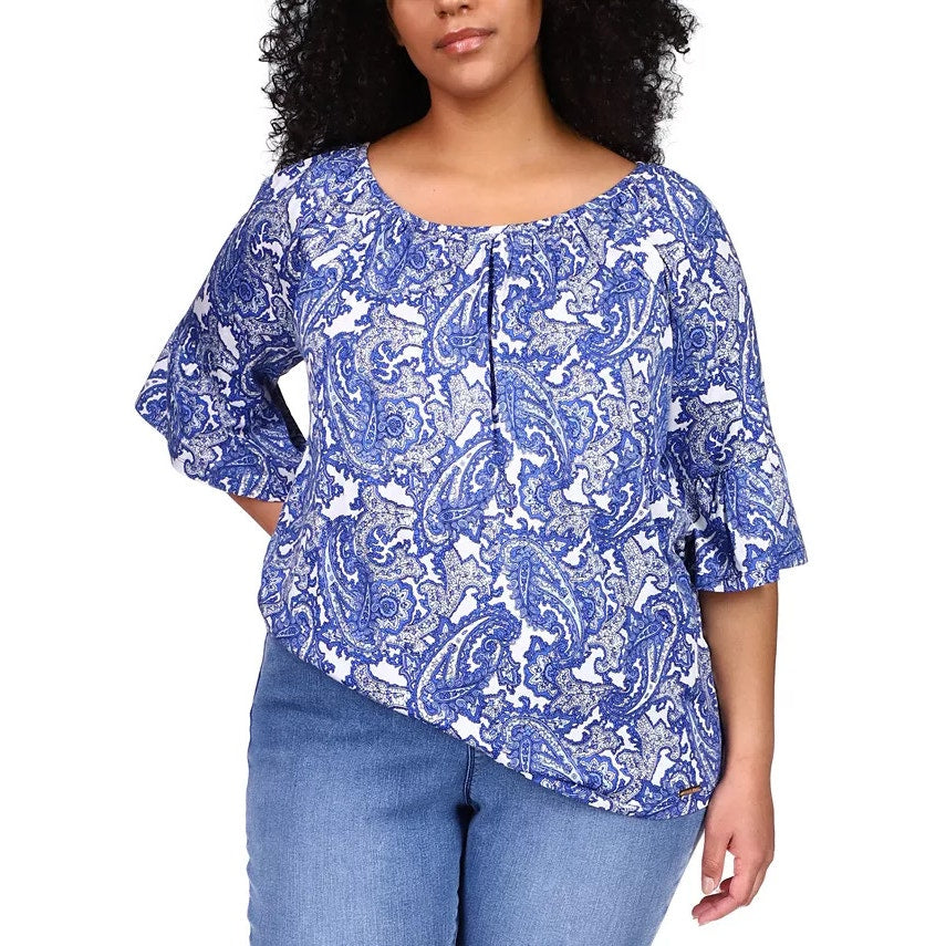 Michael Kors Women's Medium Blue Paisley Scoop Neck Flare Sleeves Peasant Top