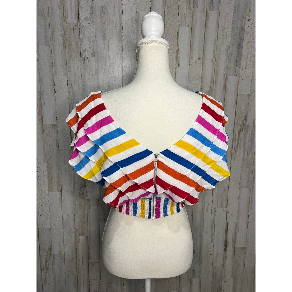 Color Me Courtney Women's Size 0 Rainbow Stripe Holly Ruffle Crop Top