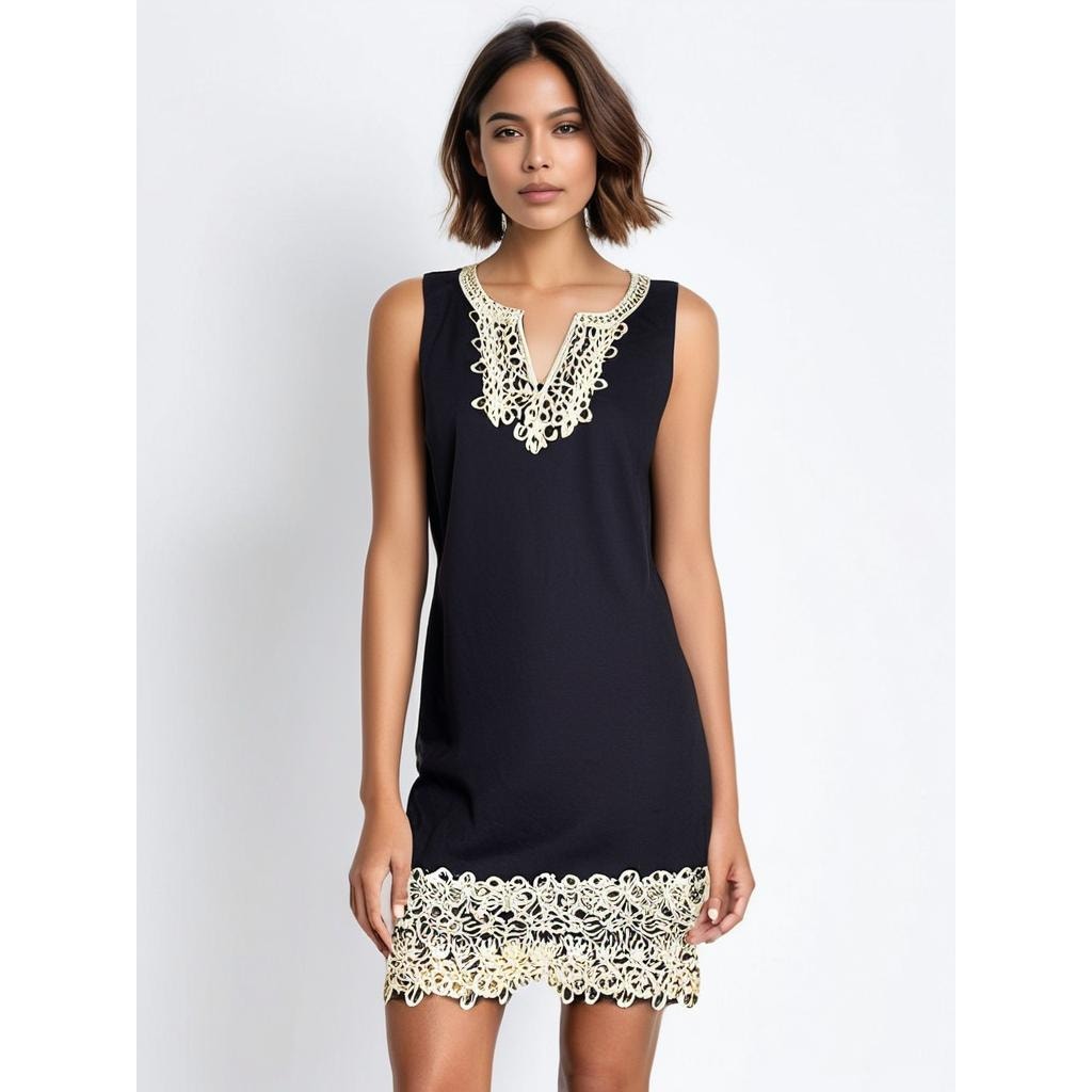 Mudpie Women's Medium Black Shift Dress w/ Gold Lace Trim Sleeveless V-Neck