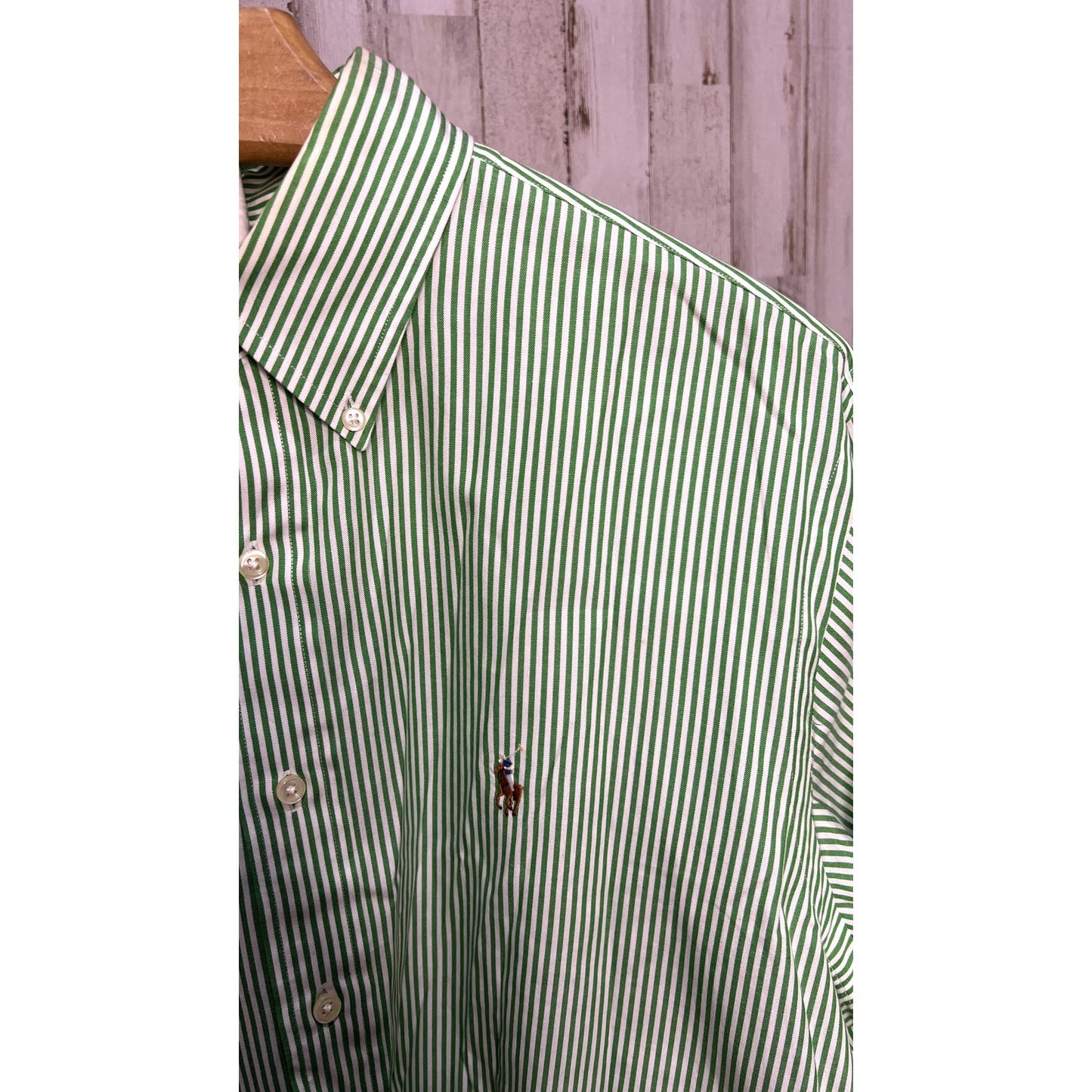 Ralph Lauren Men's 16.5 Green Striped Long Sleeve Button-Up Shirt