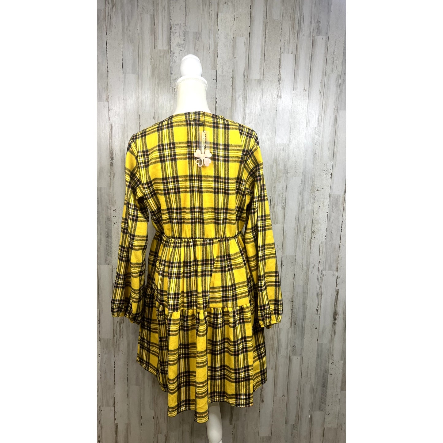 Fancyinn Women's Large Yellow Buffalo Plaid Shift Tunic Dress Long Sleeve V-Neck