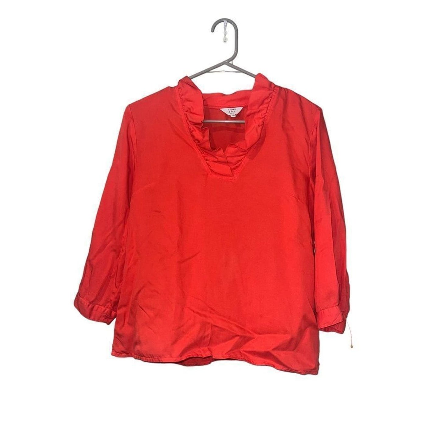 Crown & Ivy Red Blouse with Ruffled V Neck Collar