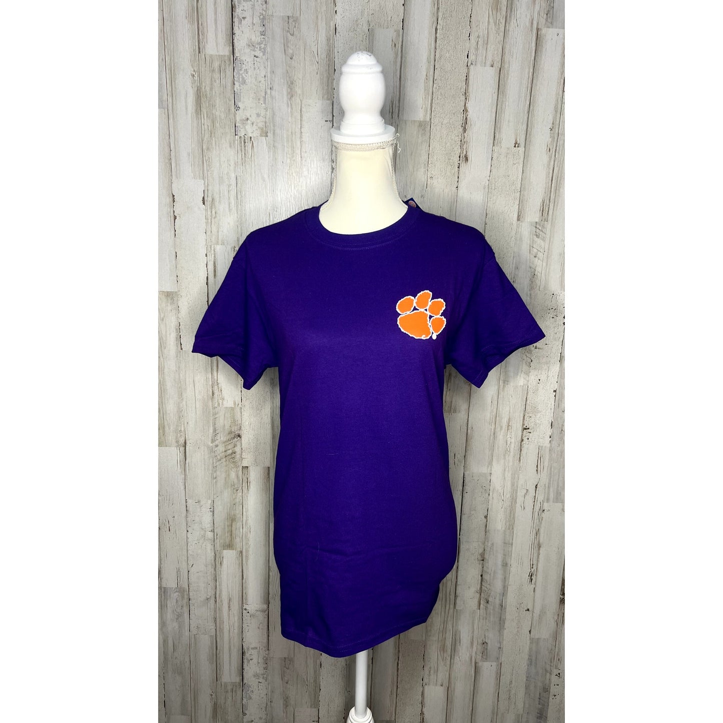 NWT Clemson Tigers Unisex Small Purple Paw Logo "Go Tigers" Short Sleeve T-Shirt