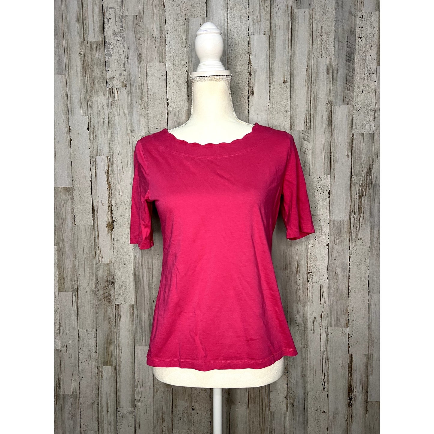 Talbots Petite Women's Pink Scallop-Edge 3/4 Sleeve Tee Size Small