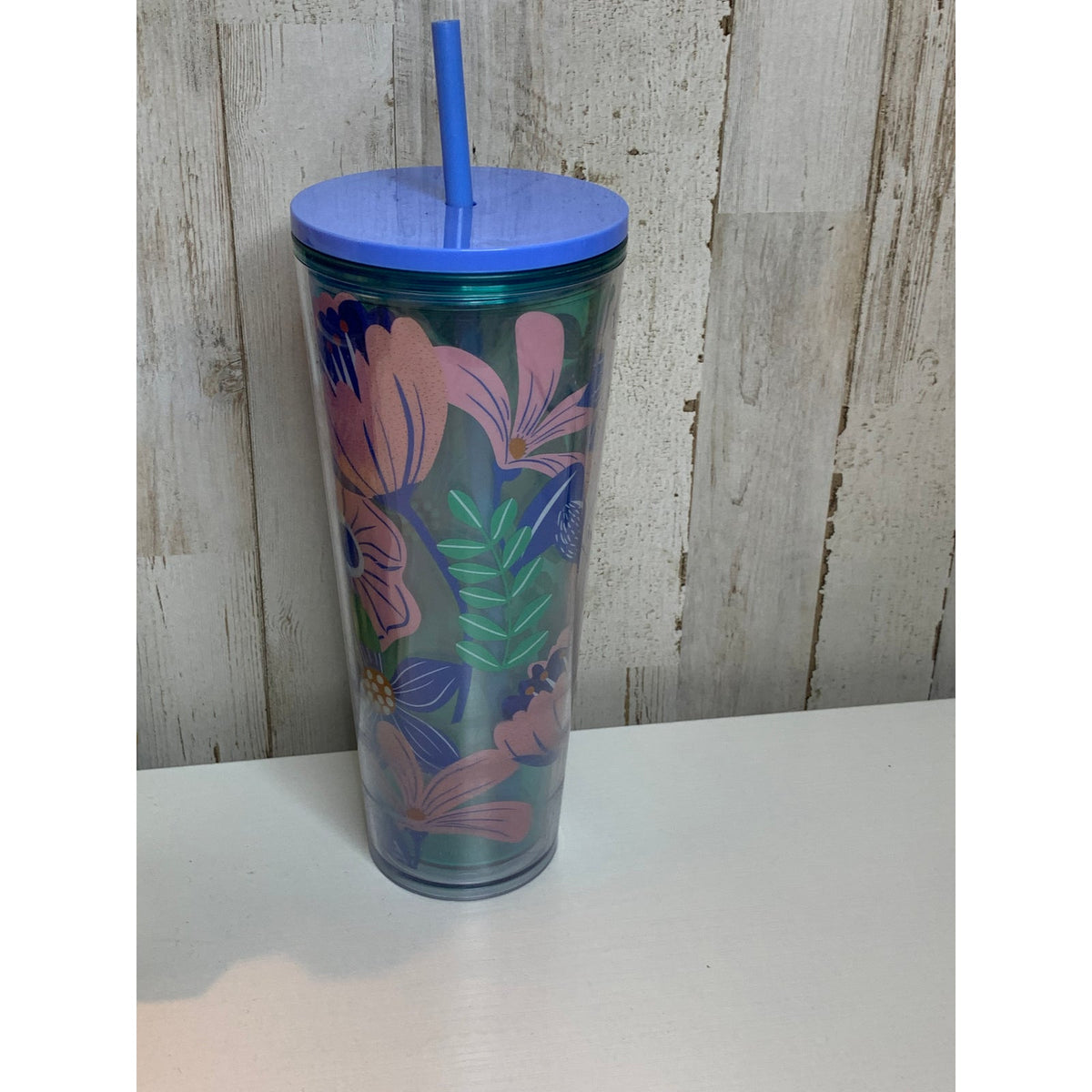 Starbucks Cold Cup Tumbler 24 oz Blue Teal Floral w/ Lid & Straw