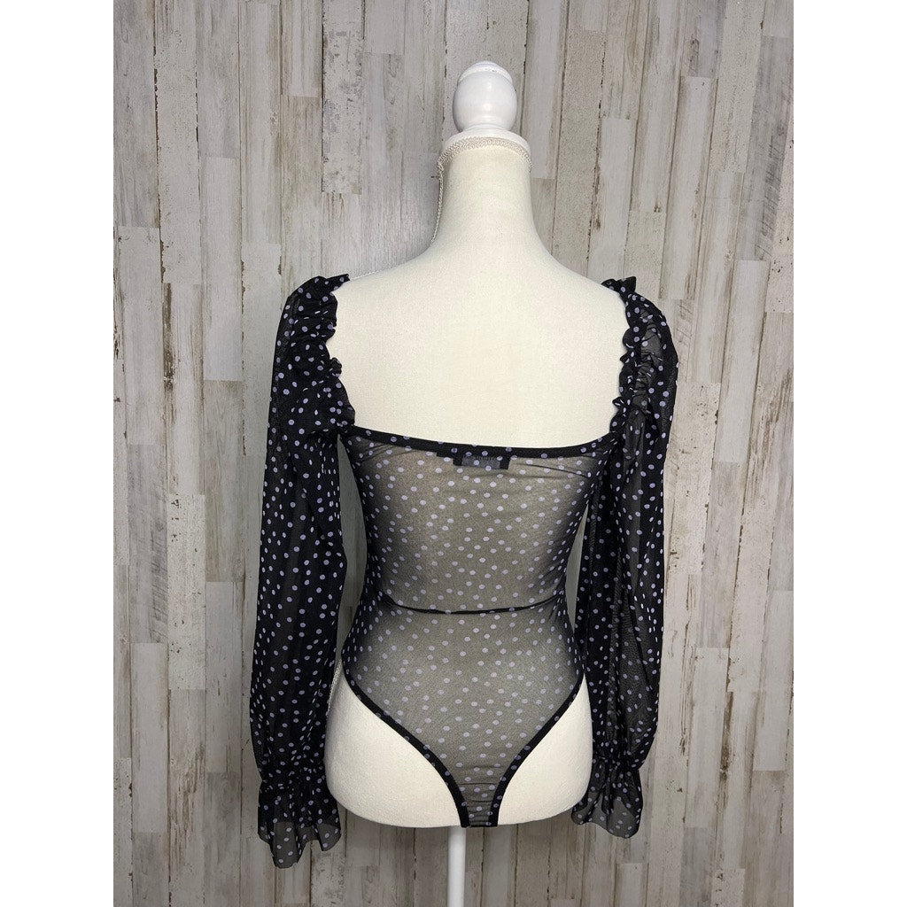 PrettyLittleThing Women's Black Polka Dot Mesh Milkmaid Bodysuit Size 4