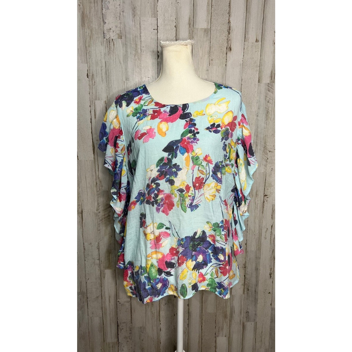 Zac & Rachel Women's Large Blue Floral Ruffle Blouse Short Sleeve Top