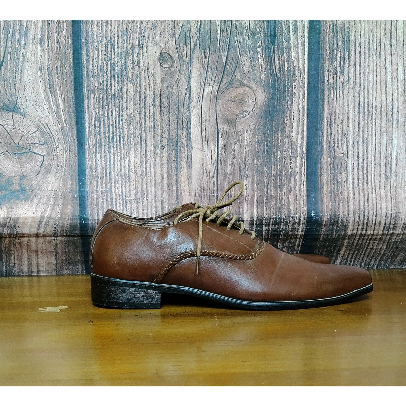 Men's Oxford Dress Shoes Brown Lace Up Braided Trim Almond