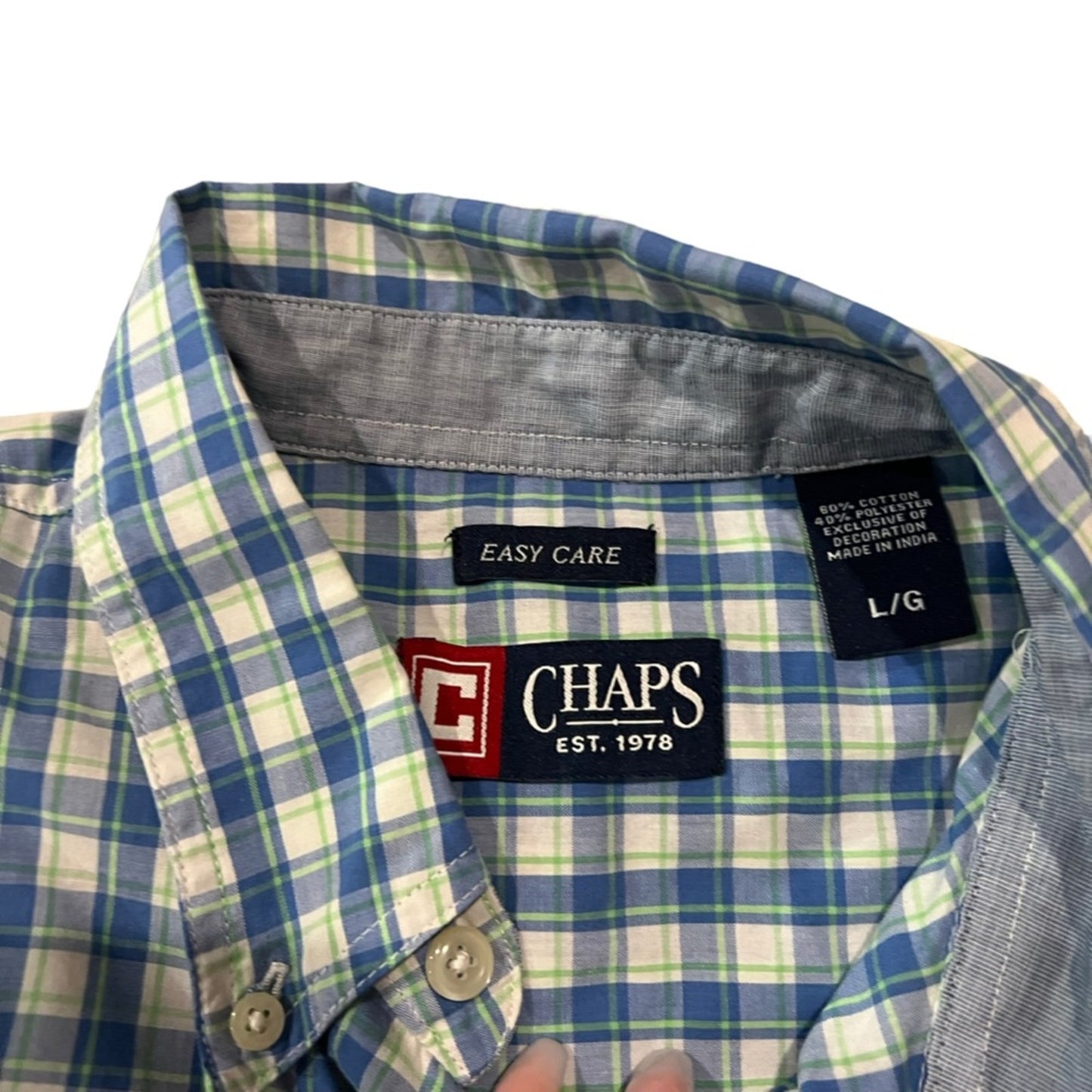 Chaps Men's Button-Up Shirt Size Large Blue Green White Plaid Short Sleeve