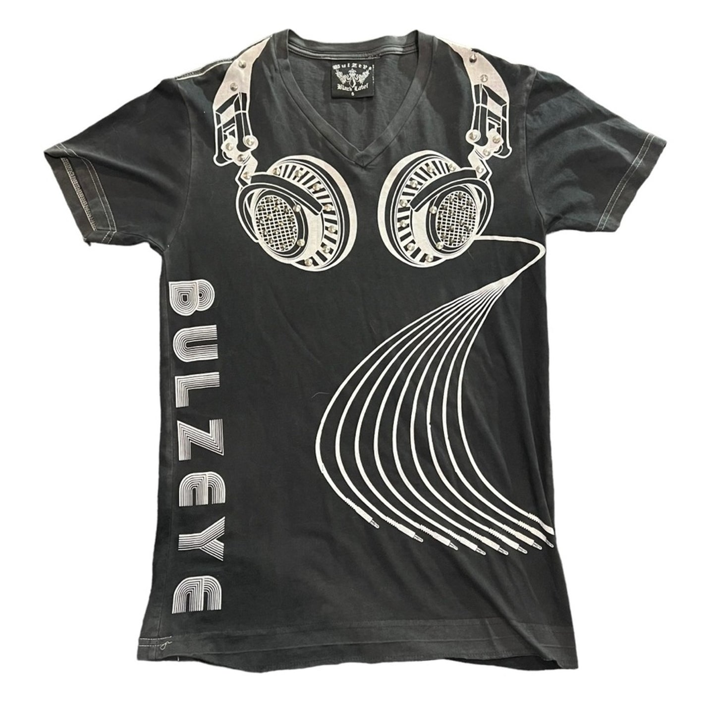 Bulzeye Black Label T-Shirt Womens Size Small Black V-Neck DJ Headphones