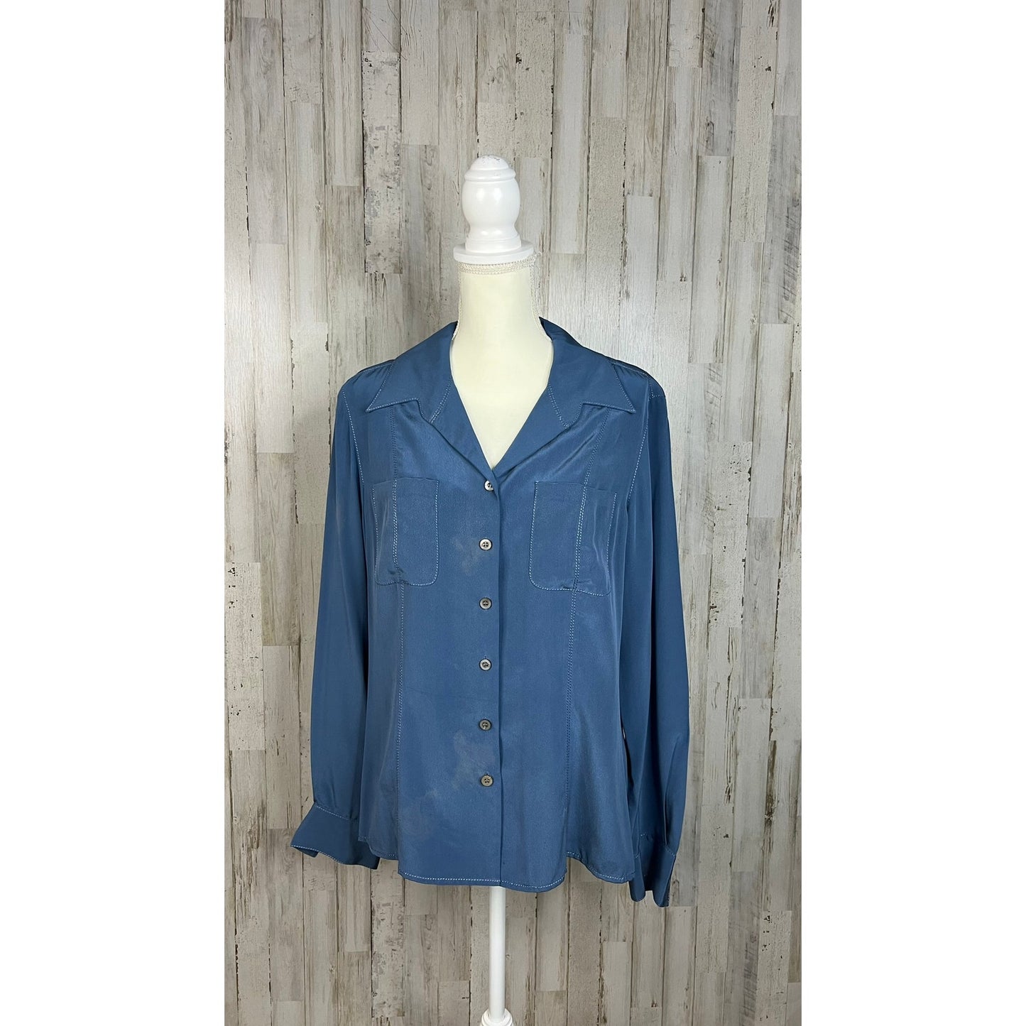 Vintage Katherine Kelly Women's Blue Silk Long Sleeve Blouse Size 14 Casual