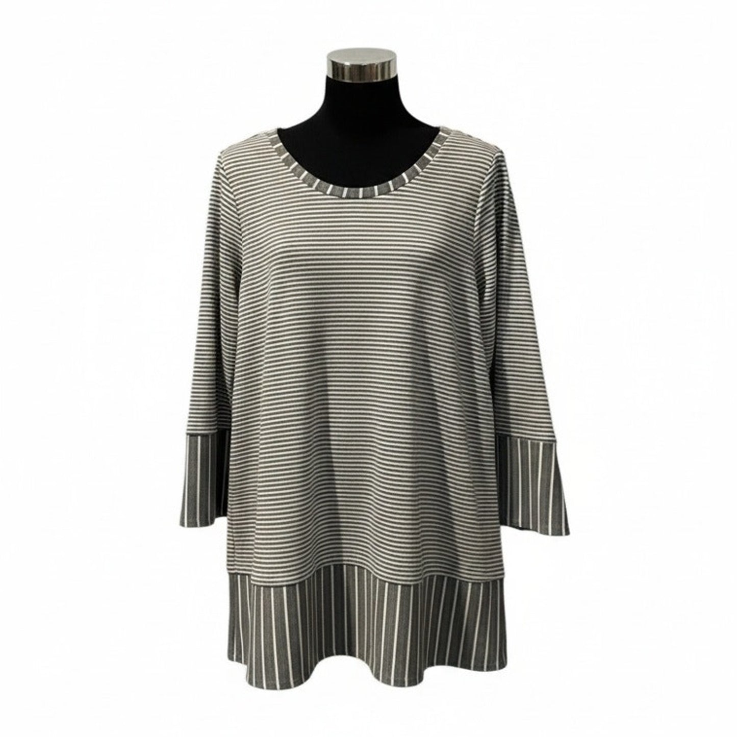 Chaus New York Tunic Top Womens Size Large Gray & White Striped 3/4 Sleeve