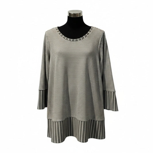 Chaus New York Tunic Top Womens Size Large Gray & White Striped 3/4 Sleeve