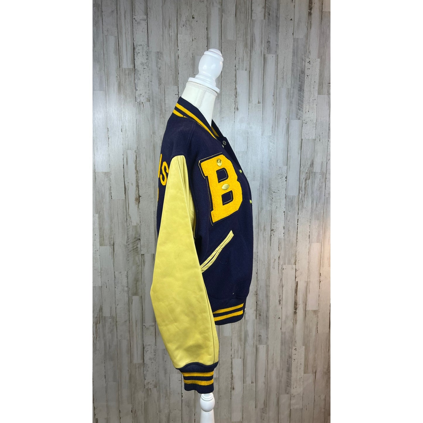 Vintage Bullis Prep Varsity Letterman Jacket Men’s 40 Blue Wool Leather Sleeves