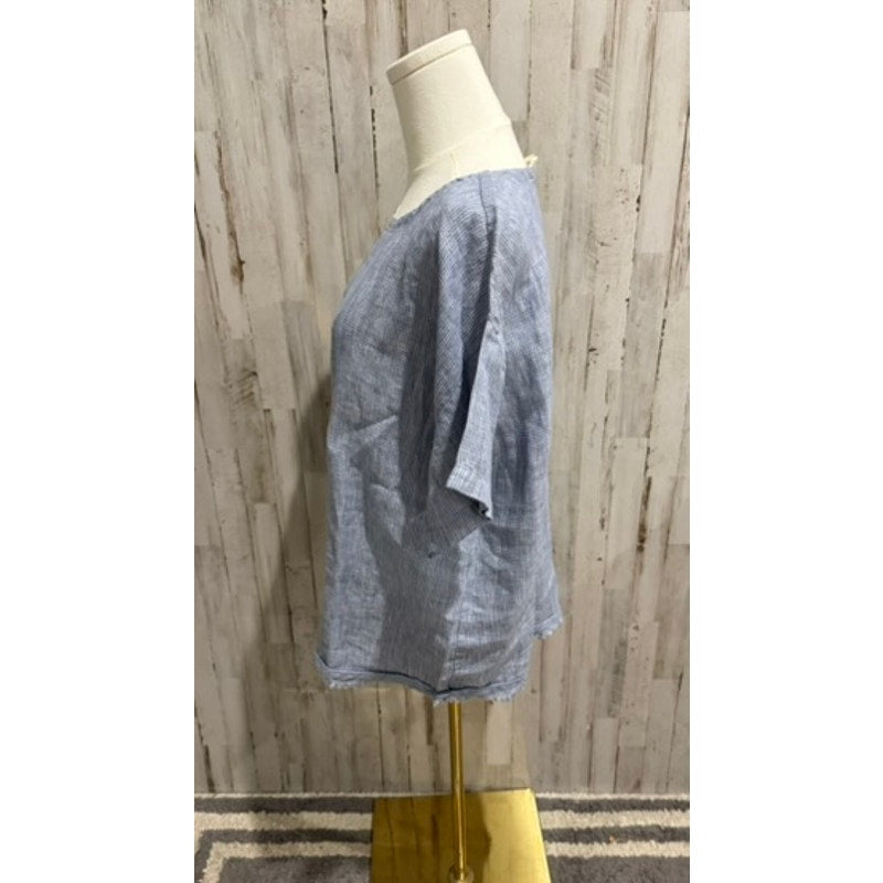 Eileen Fisher Tunic Blouse Womens Medium Blue White Pinstripe Short Sleeve