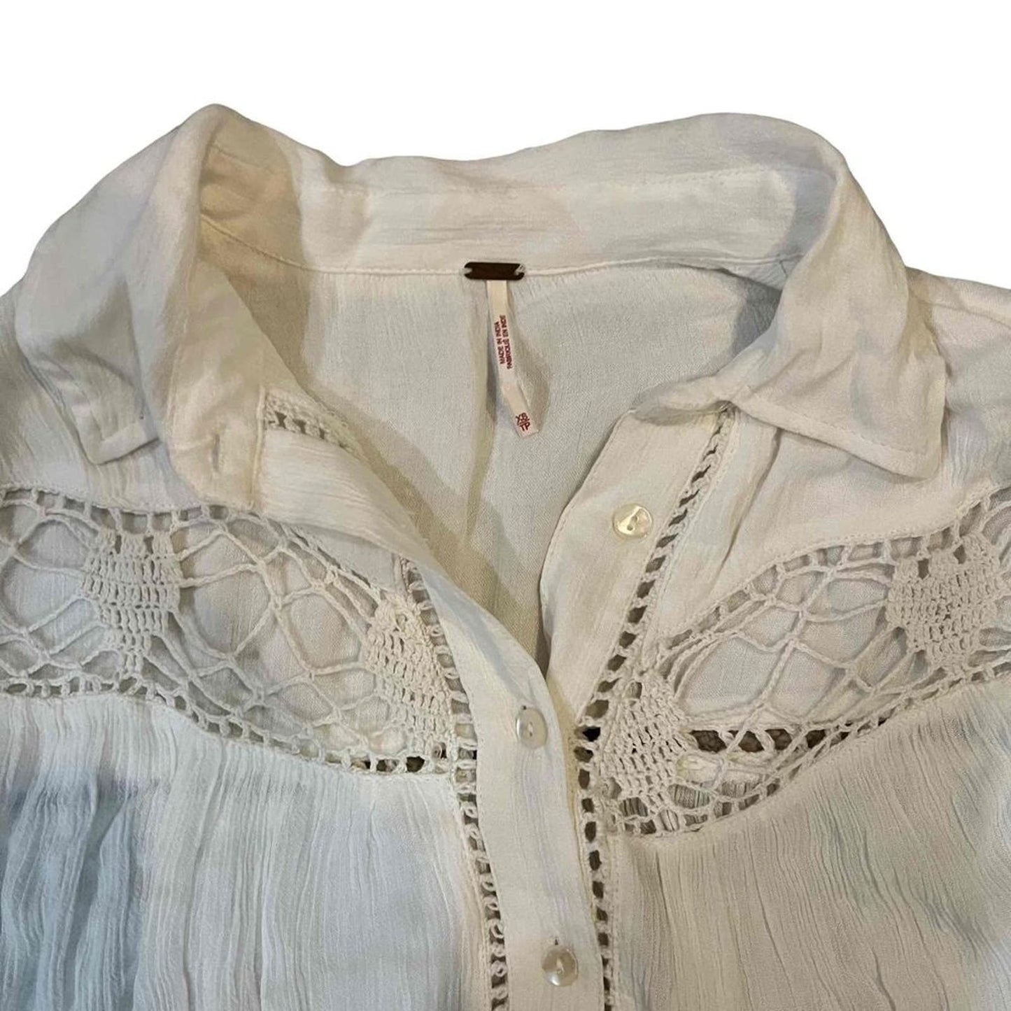 Free People Katie Bird Crochet Inset Ivory Button-Up Shirt Women's Size XS