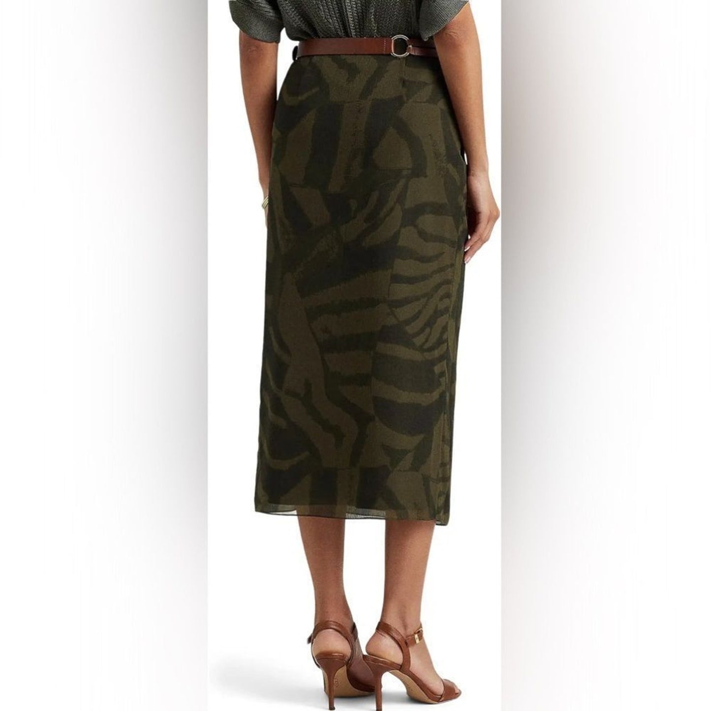 NWT Lauren Ralph Lauren Skirt Womens Size 2 Green Zebra Print Wrap Midi Ruffle