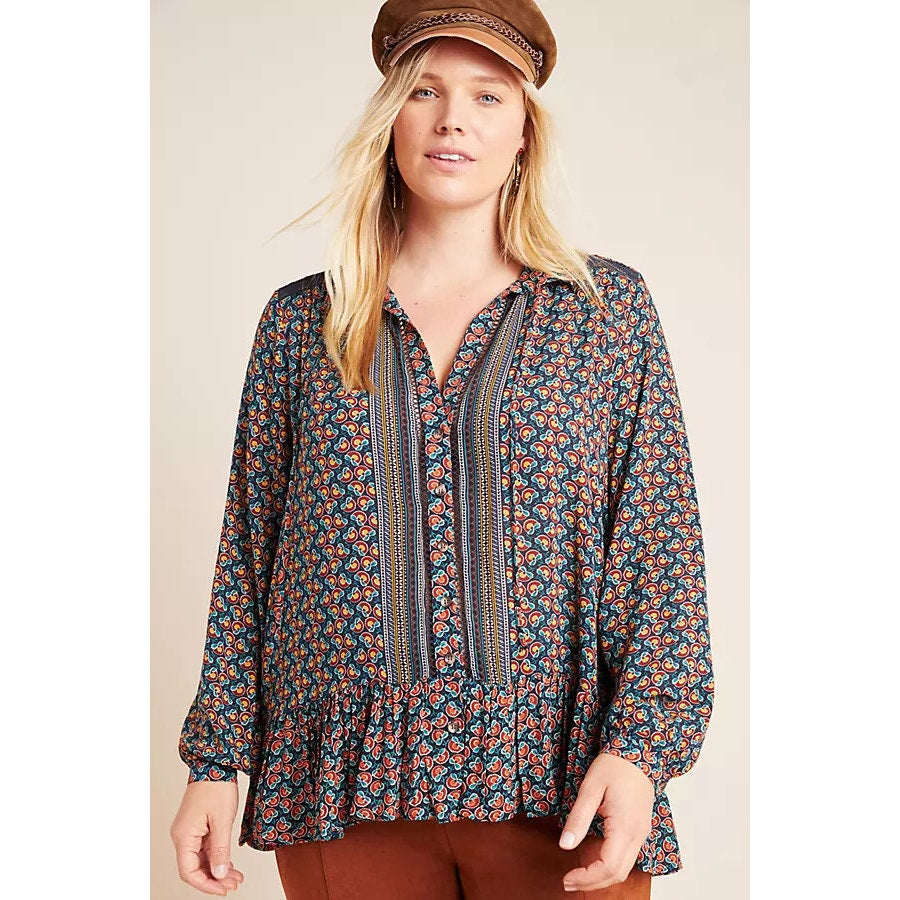 Maeve by Anthropologie Floral Peasant Blouse V-Neck Tunic Size 6
