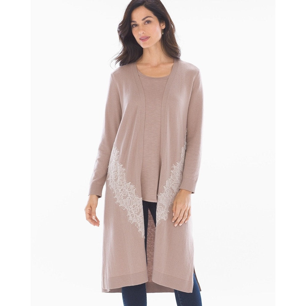 Soma Women's Long Knit Duster Cardigan Lace Trim Pink Size Medium
