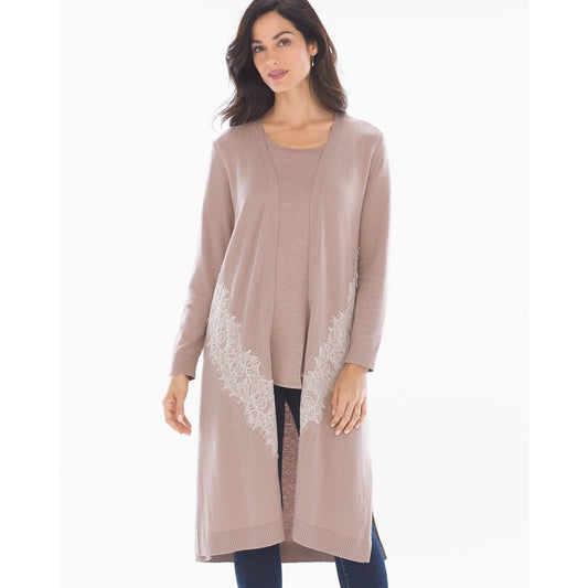 Soma Women's Long Knit Duster Cardigan Lace Trim Pink Size Medium
