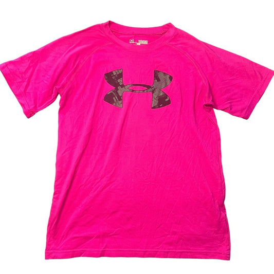 Under Armour Kids Girls Medium HeatGear Tech Pink Logo Short Sleeve T-Shirt