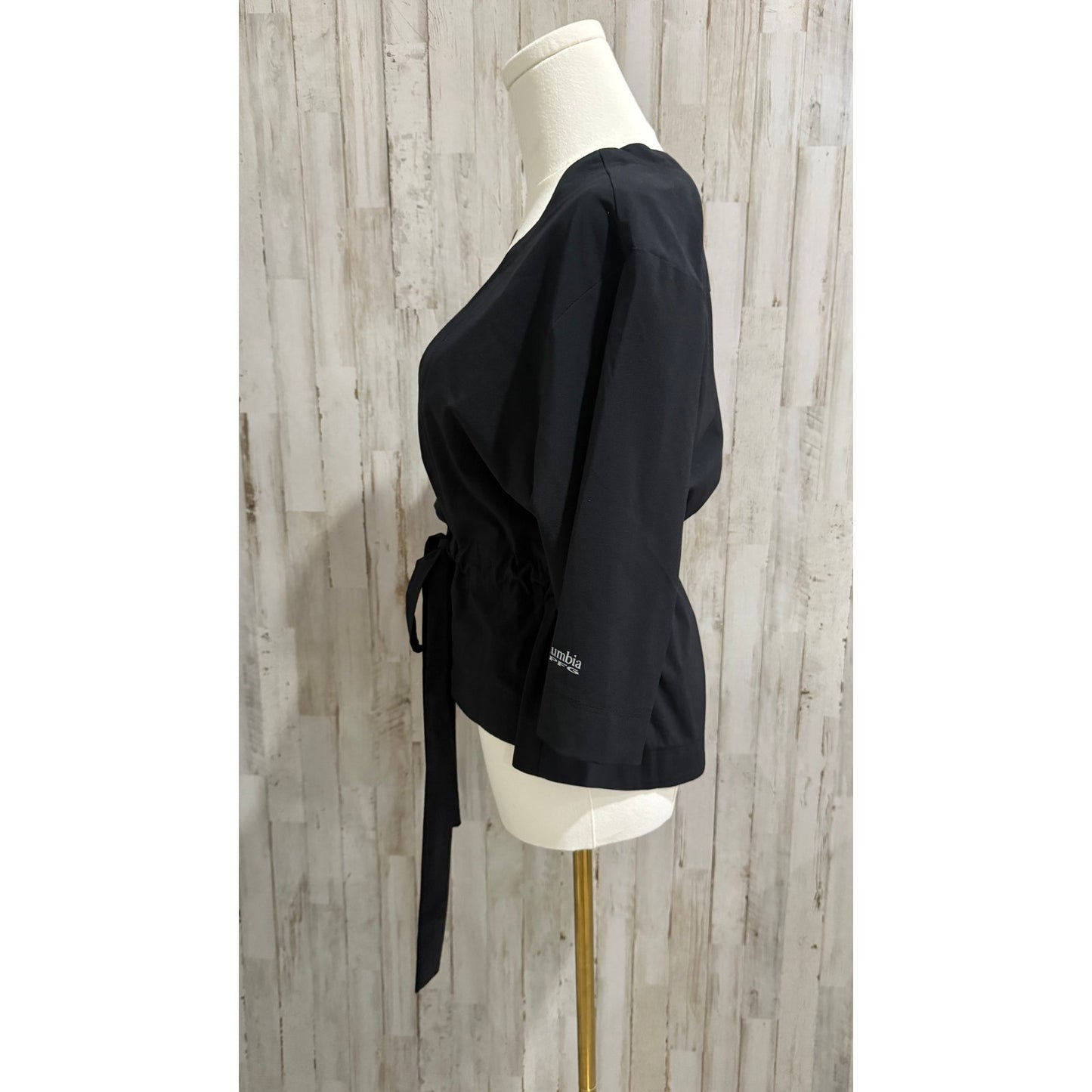 Columbia PFG Jacket Womens Petite Small Black Open Front Wrap Tie Waist 3/4